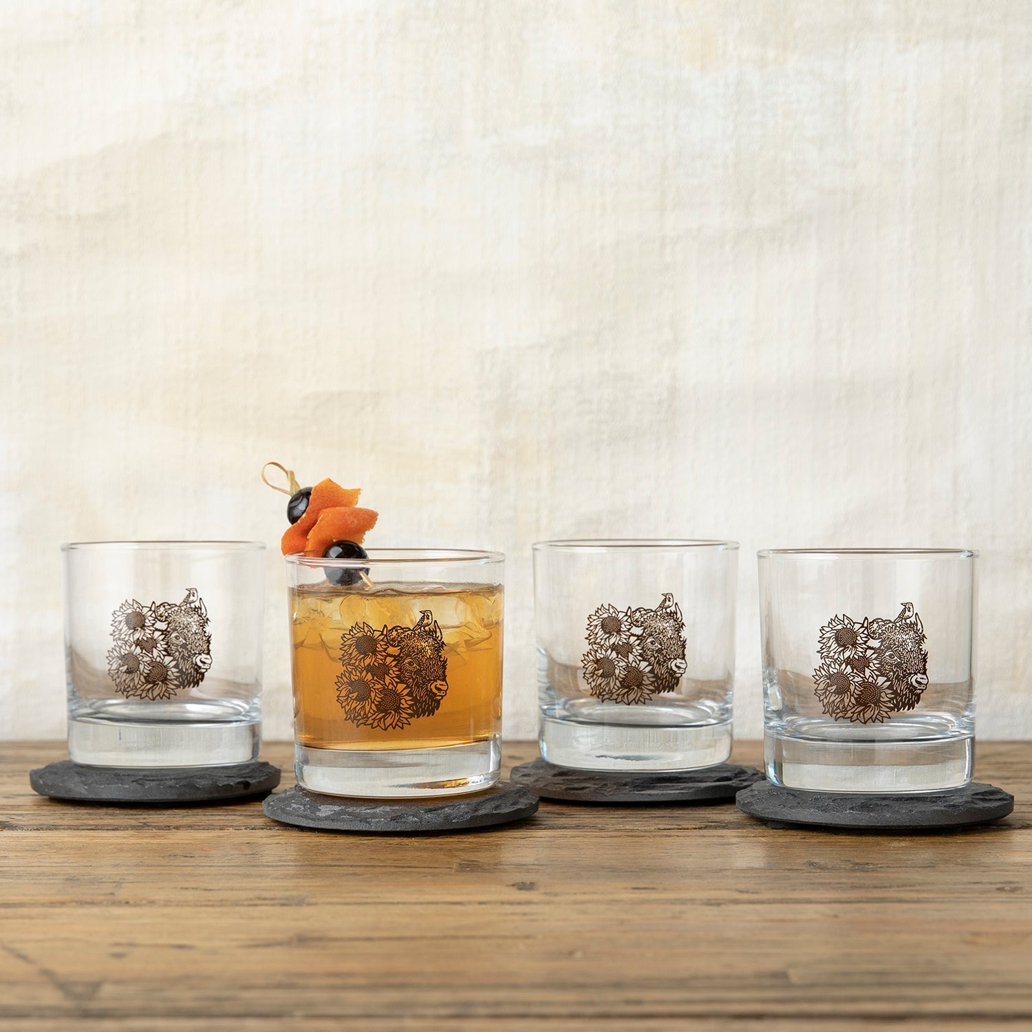 Bison Rocks Glass | Durable Design with Bison and Sunflower - Rocks Glass - Two Little Fruits - Two Little Fruits