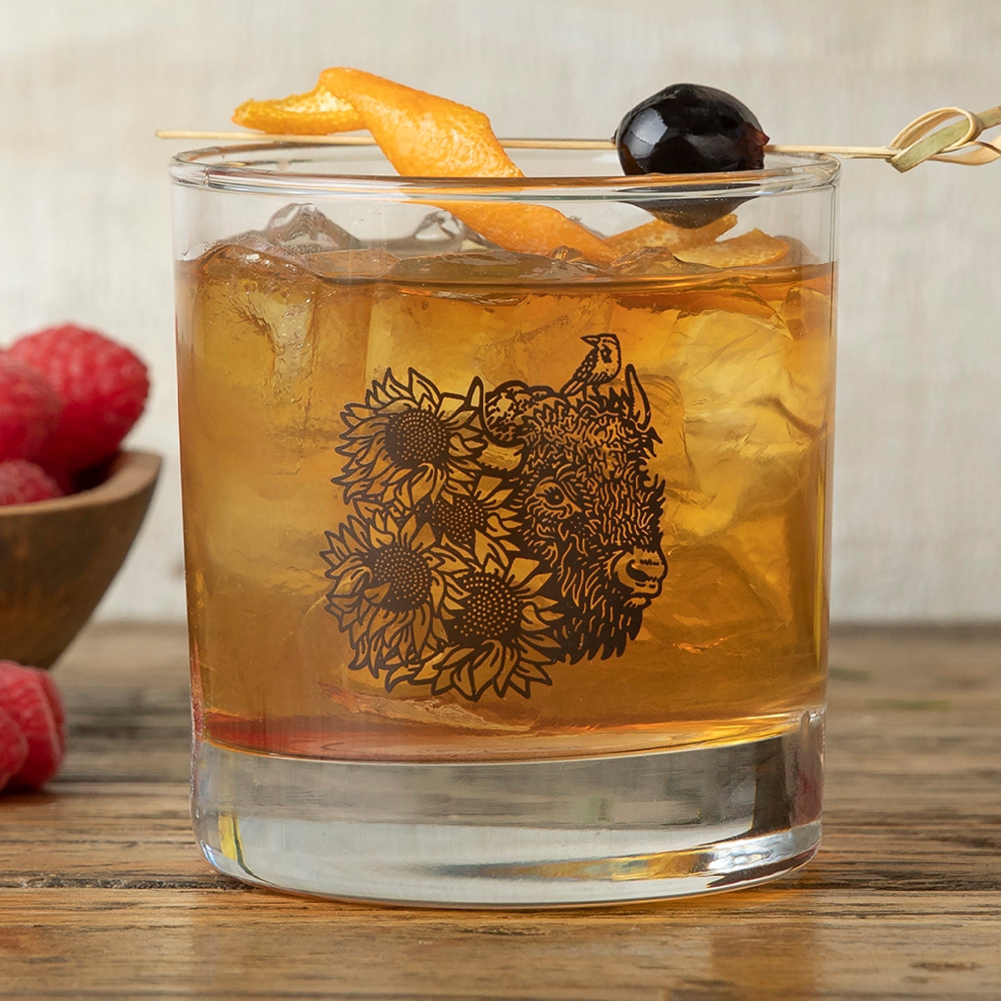 Bison Rocks Glass | Durable Design with Bison and Sunflower - Rocks Glass - Two Little Fruits - Two Little Fruits