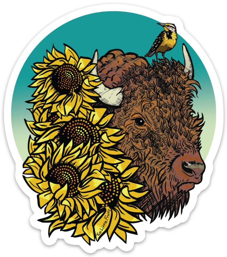 Bison Vinyl Sticker - Durable, Waterproof Decal with Sunflowers & Meadowlark Design - Sticker - Two Little Fruits - Two Little Fruits