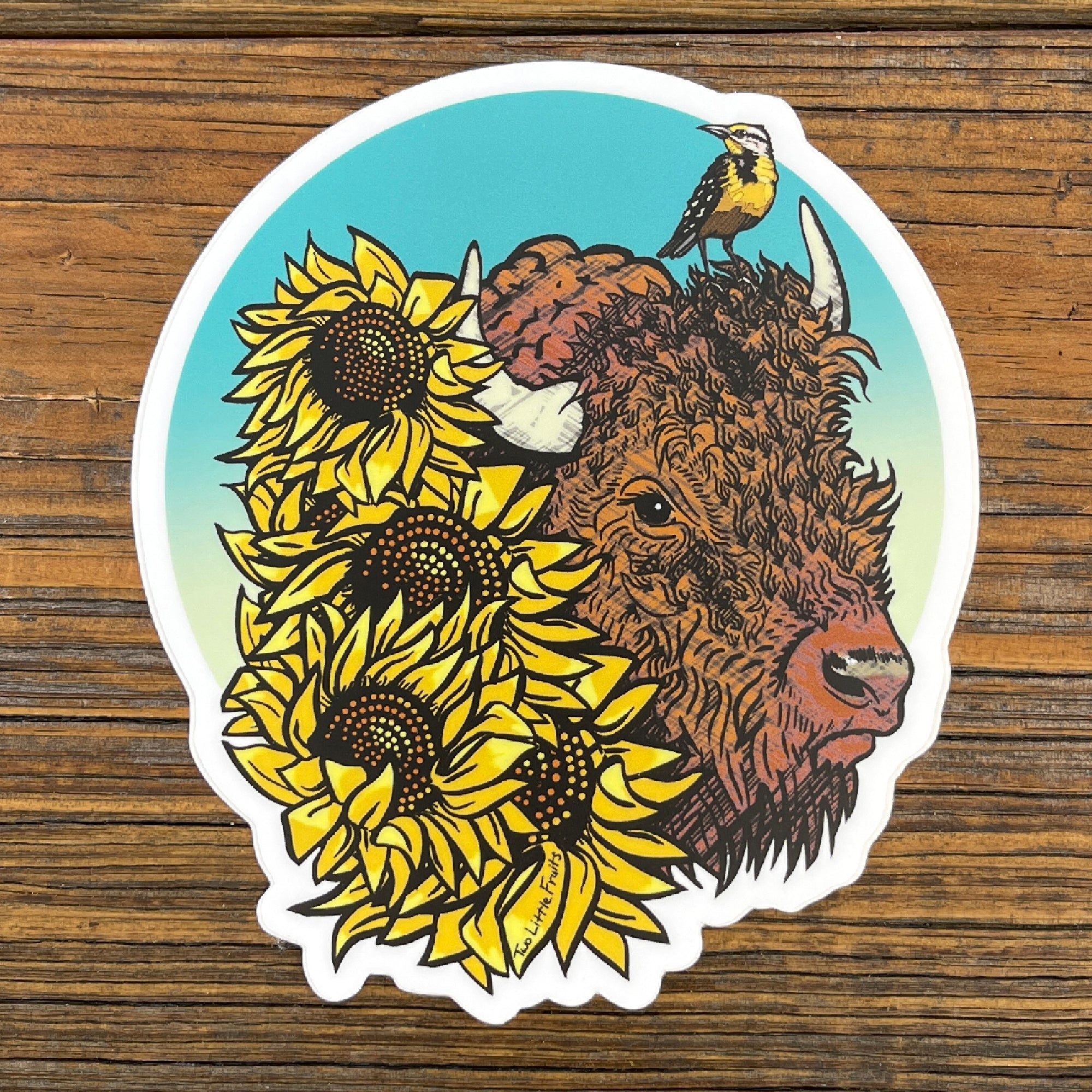 Bison Vinyl Sticker - Durable, Waterproof Decal with Sunflowers & Meadowlark Design - Sticker - Two Little Fruits - Two Little Fruits