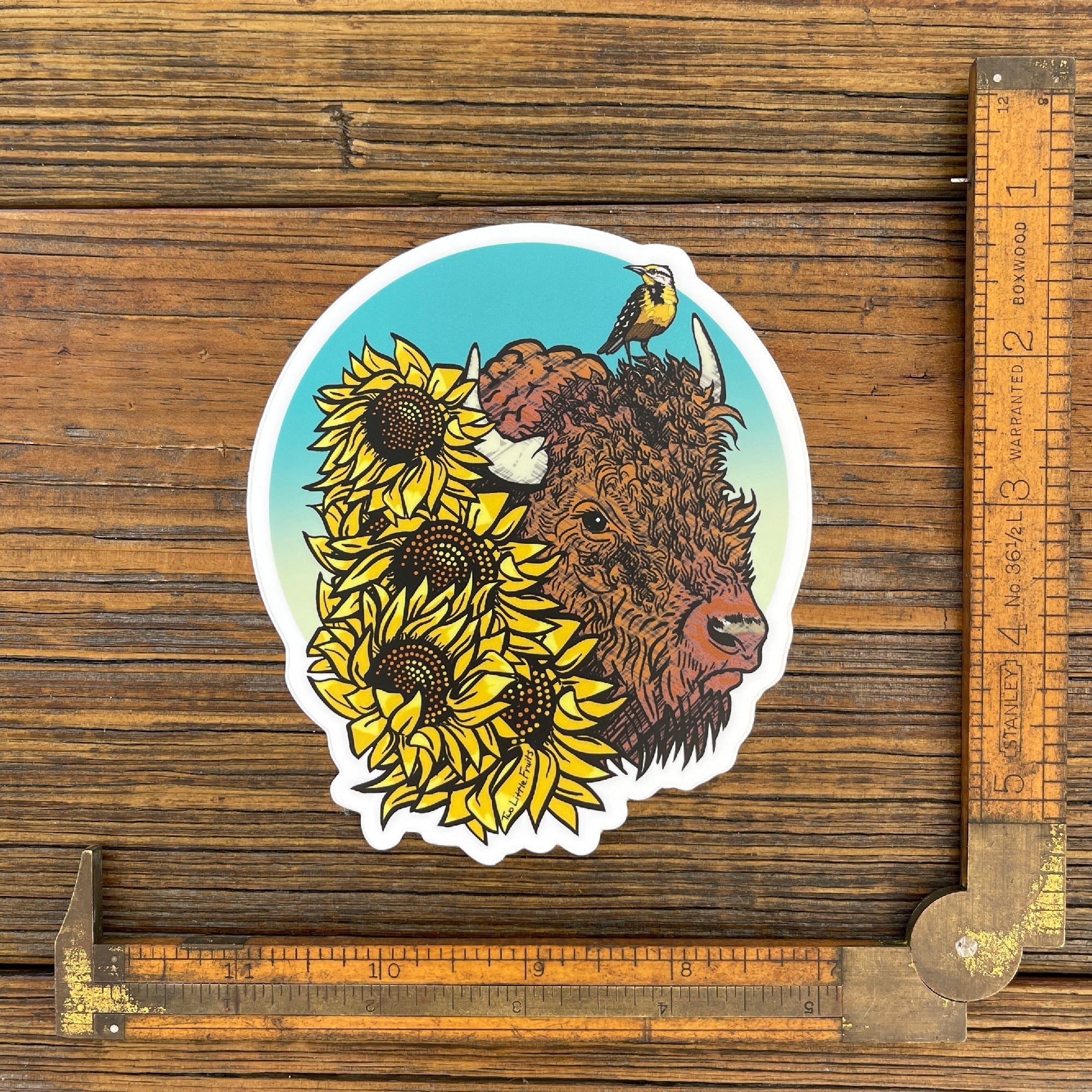 Bison Vinyl Sticker - Durable, Waterproof Decal with Sunflowers & Meadowlark Design - Sticker - Two Little Fruits - Two Little Fruits