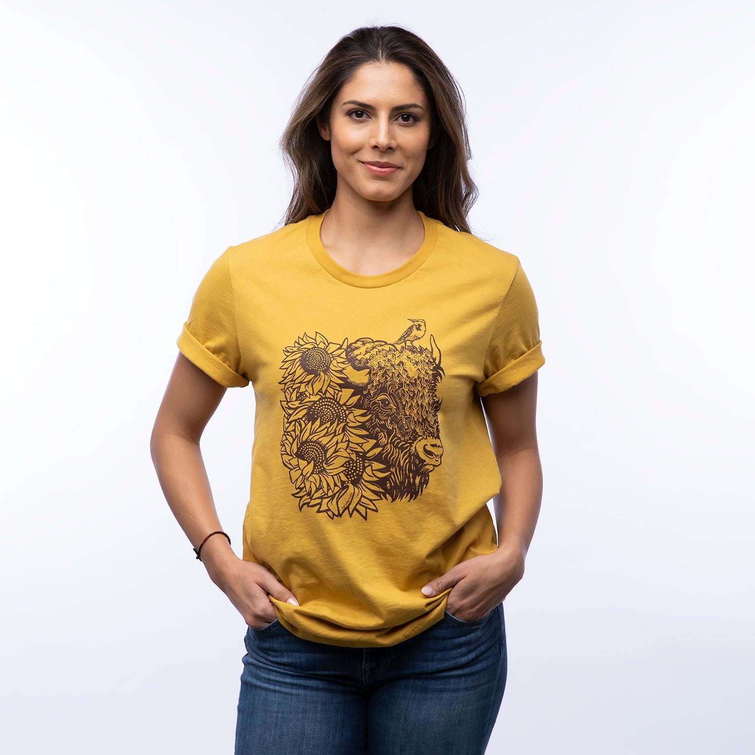 Bison with Sunflowers Tee - Mustard, Tee Shirts - Two Little Fruits