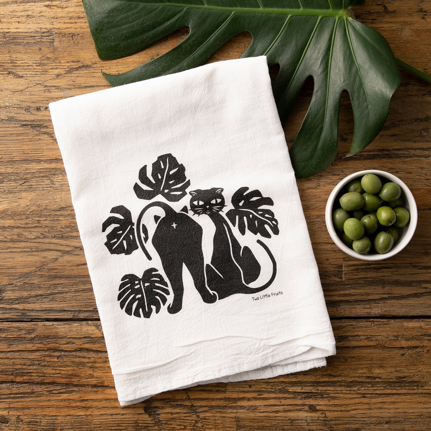 Black Cat And Monstera Leaf Cotton Kitchen Towel – 100% Absorbent, Lint - Free, Made in USA - Tea Towels - Two Little Fruits - Two Little Fruits