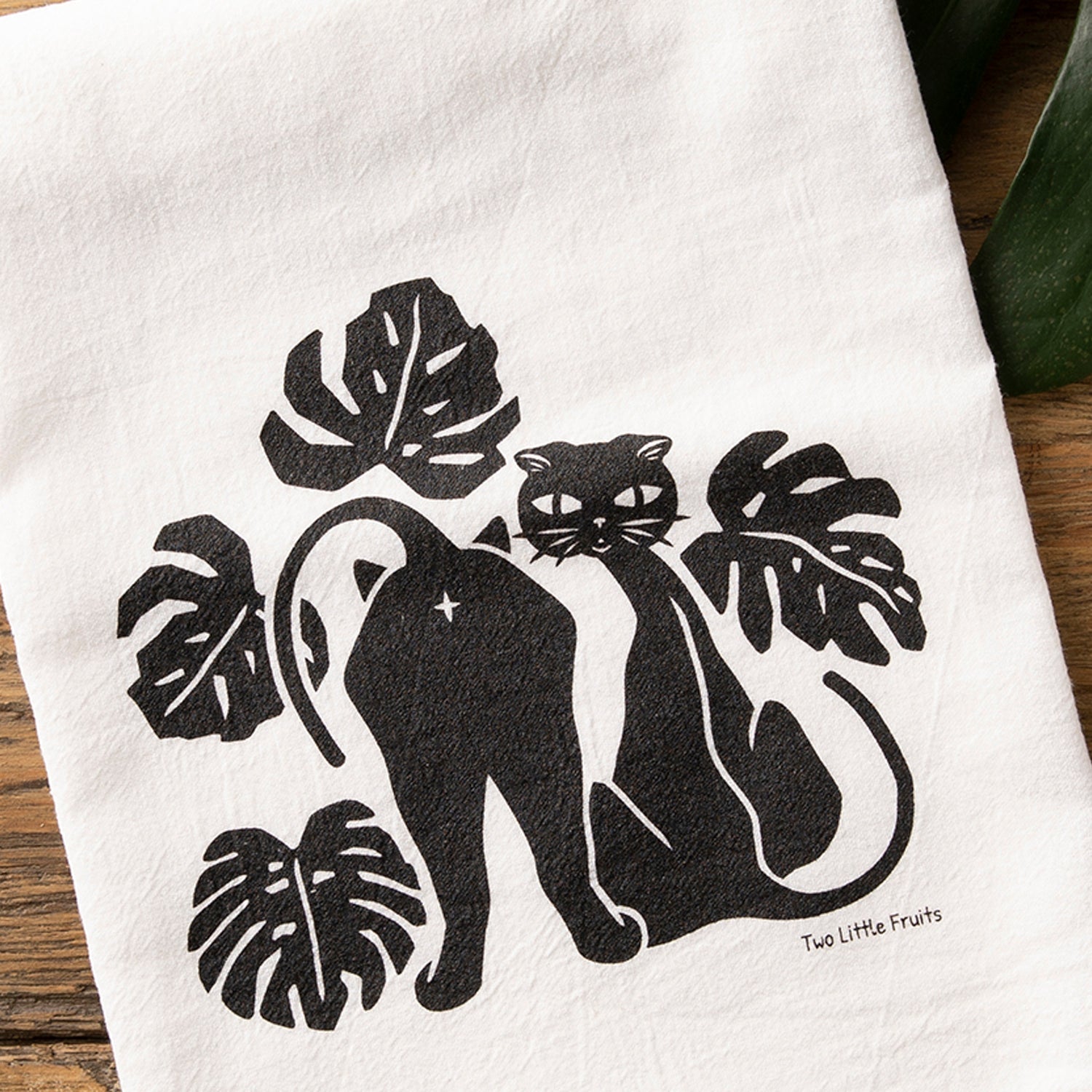 Black Cat And Monstera Leaf Cotton Kitchen Towel – 100% Absorbent, Lint - Free, Made in USA - Tea Towels - Two Little Fruits - Two Little Fruits