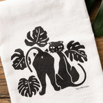 Black Cat And Monstera Leaf Cotton illustrated tea towel by Two Little Fruits