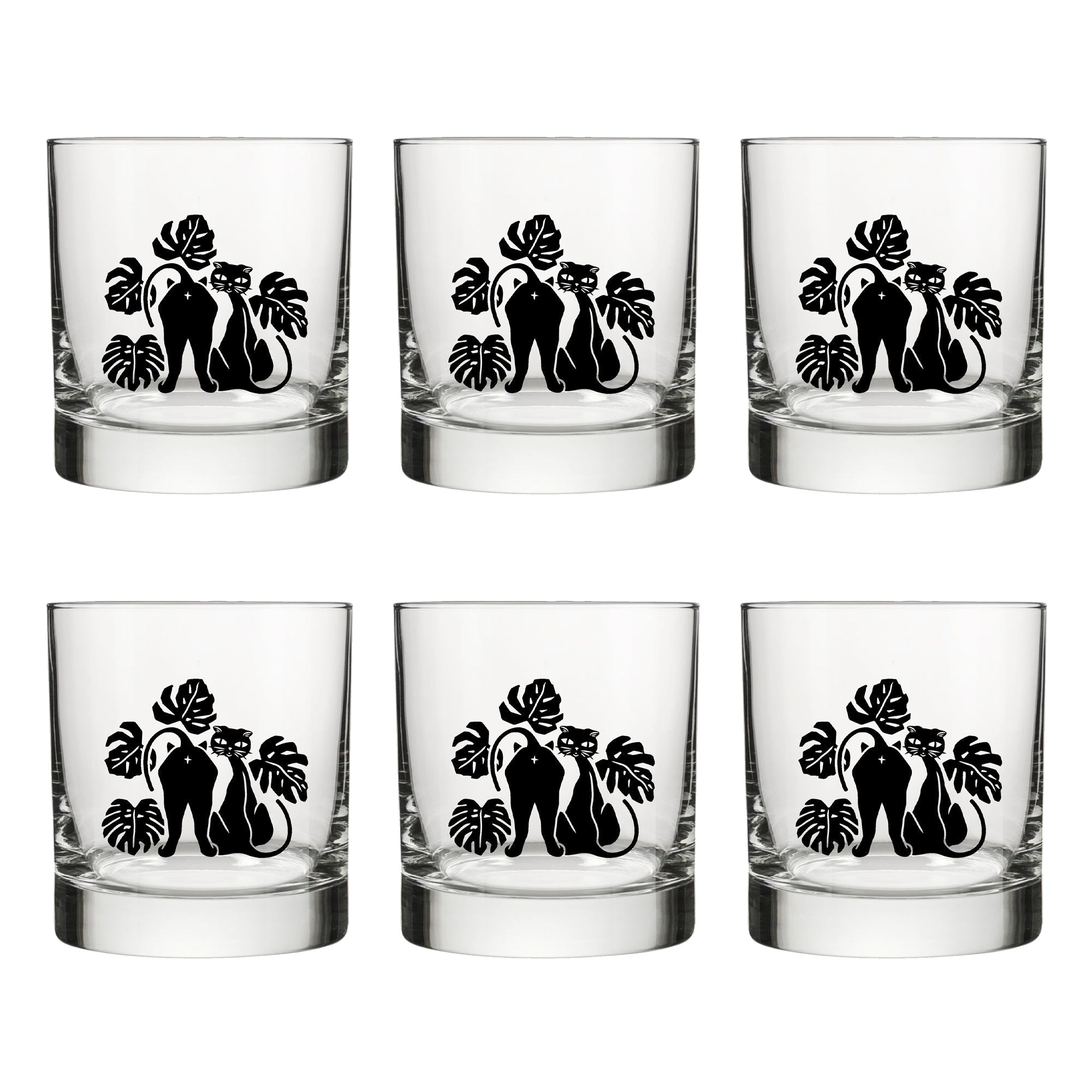 Black Cat Whiskey Glass - Unique Monstera Leaf Design, 10 Oz Capacity, Made in USA, Dishwasher Safe - Rocks Glass - Two Little Fruits - Two Little Fruits