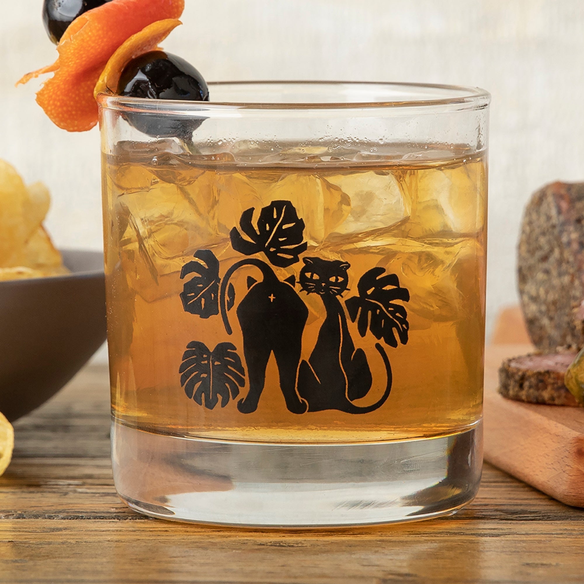 Black Cat Whiskey Glass - Unique Monstera Leaf Design, 10 Oz Capacity, Made in USA, Dishwasher Safe - Rocks Glass - Two Little Fruits - Two Little Fruits