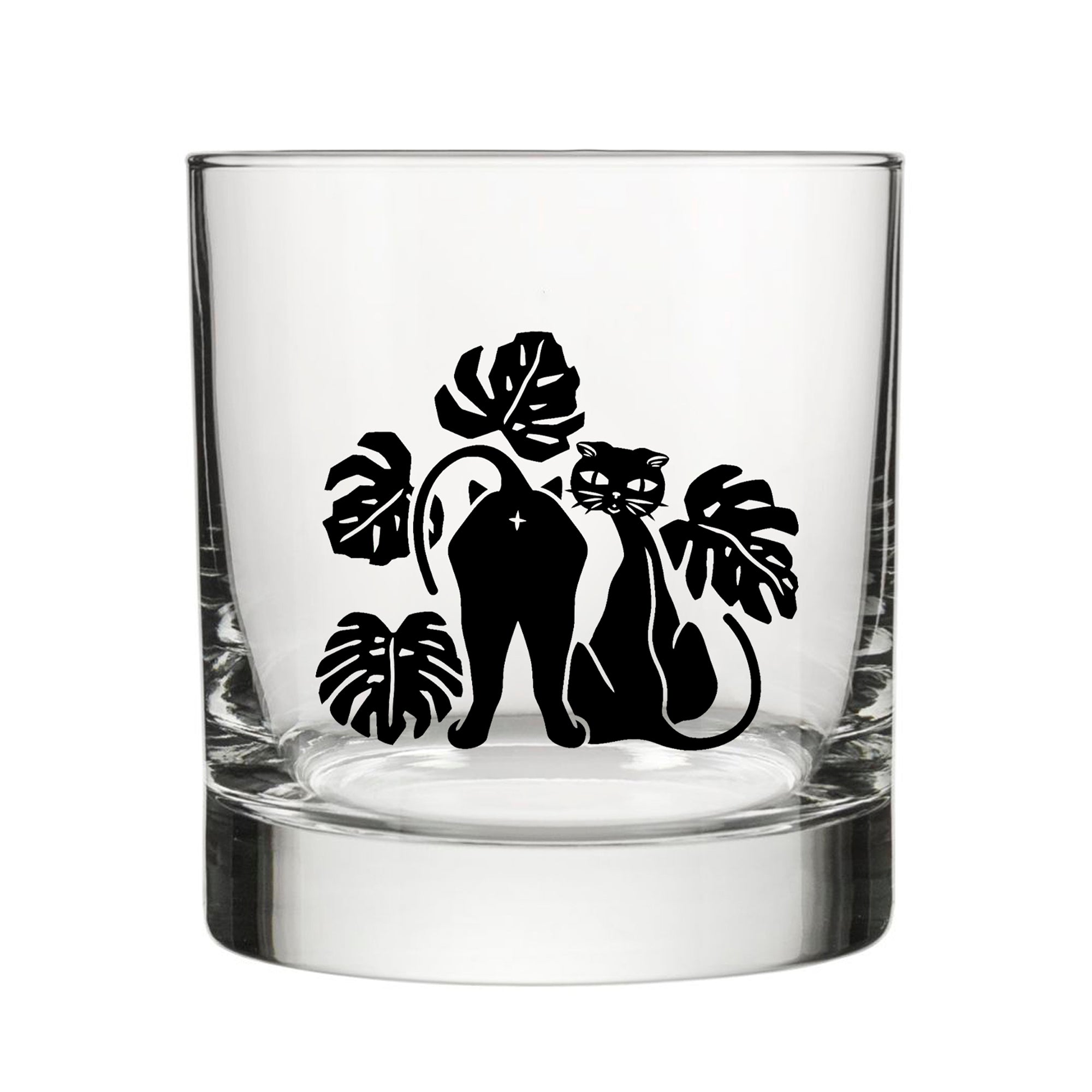 Black Cat Whiskey Glass - Unique Monstera Leaf Design, 10 Oz Capacity, Made in USA, Dishwasher Safe - Rocks Glass - Two Little Fruits - Two Little Fruits