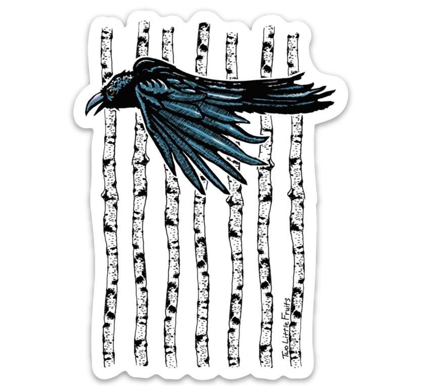 Black Crow Sticker with Aspen Forest Design - Durable Waterproof Vinyl Decal 3" x 4.03" featuring a detailed illustration of a crow soaring between aspen trunks.