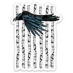 Black Crow Sticker with Aspen Forest Design - Durable Waterproof Vinyl Decal 3" x 4.03" featuring a detailed illustration of a crow soaring between aspen trunks.