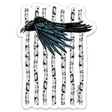 Black Crow Sticker with Aspen Forest Design - Durable Waterproof Vinyl Decal 3" x 4.03" featuring a detailed illustration of a crow soaring between aspen trunks.