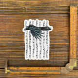 Black Crow Sticker with Aspen Forest Design - Durable Waterproof Vinyl Decal 3" x 4.03" displayed with a ruler for scale, highlighting its intricate design of a crow and aspen trees.