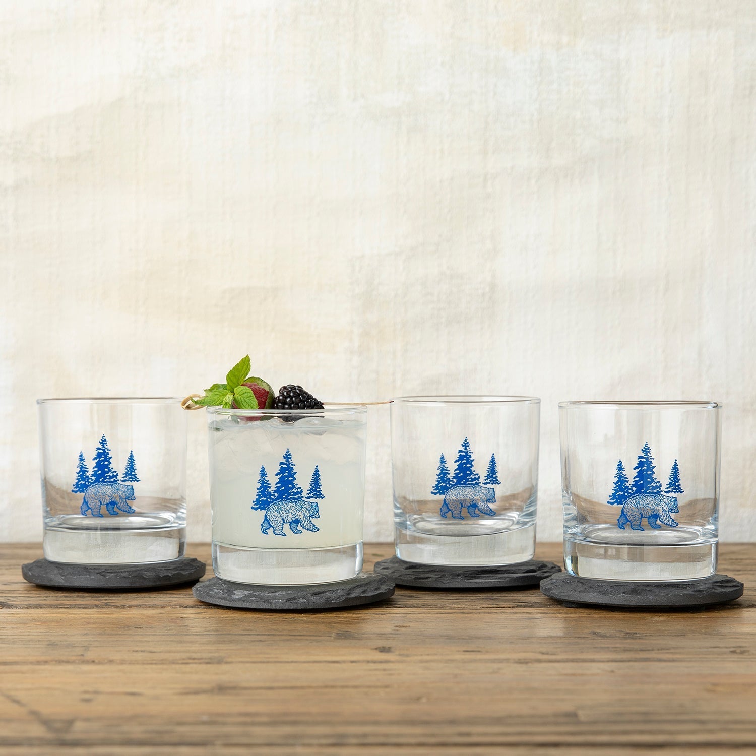 Blue Bear Screen Printed Glassware - Unique Whiskey Rocks Glass for Entertaining & Gifts, 10 Fl Oz - Rocks Glass - Two Little Fruits - Two Little Fruits