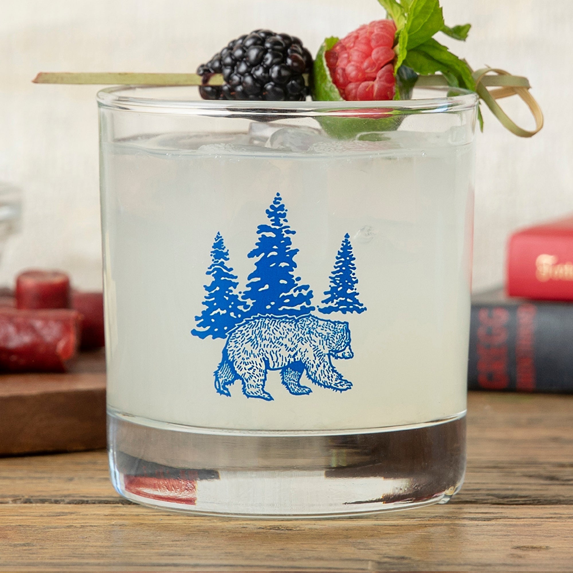 Blue Bear Screen Printed Glassware - Unique Whiskey Rocks Glass for Entertaining & Gifts, 10 Fl Oz - Rocks Glass - Two Little Fruits - Two Little Fruits
