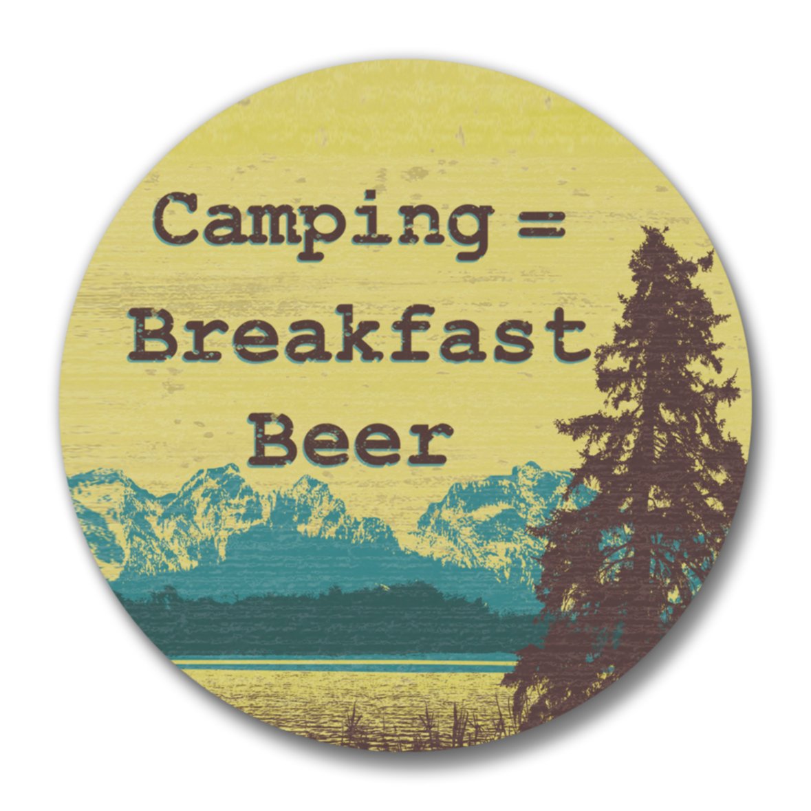 A close-up of a camping bottle opener with the phrase 'Camping = Breakfast Beer' against a yellow background, ideal for adventure lovers.