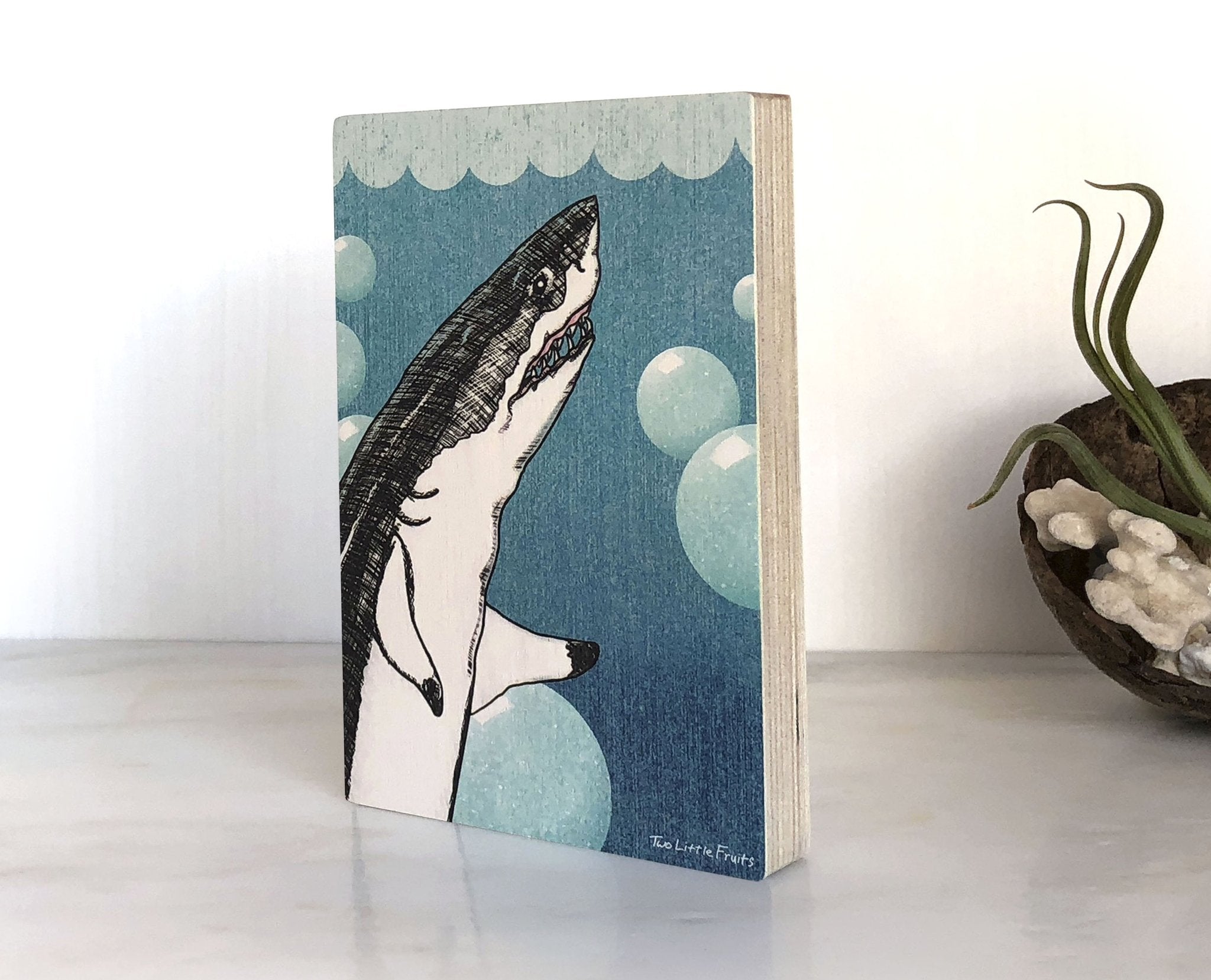 Bubbles The Shark 4x6 Wood Art Block - Unique Beach House Decor for Stylish Spaces - Art On Wood - Two Little Fruits - Two Little Fruits