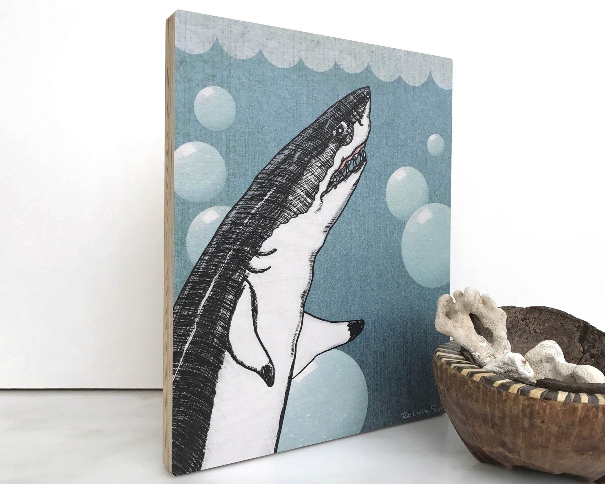 Bubbles The Shark 8x10 Wood Art Block - Unique Coastal Home Decor for Kids and Playful Spaces - Art On Wood - Two Little Fruits - Two Little Fruits
