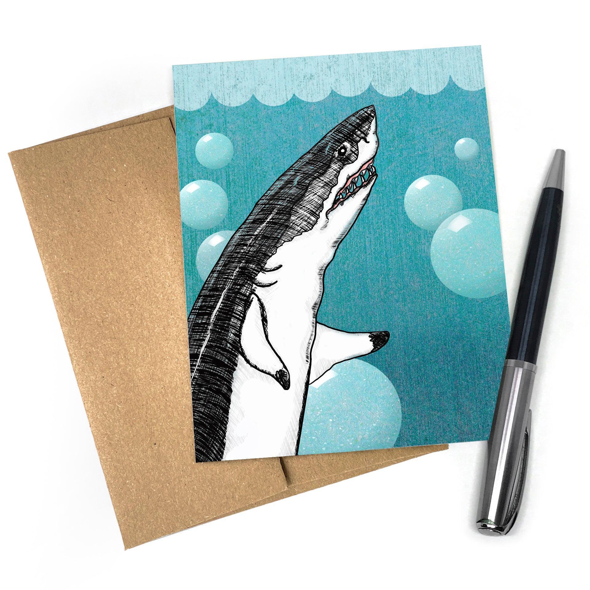 Bubbles The Shark Themed illustrated greeting card by Two Little Fruits