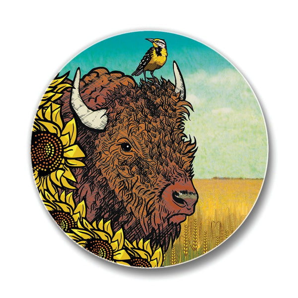 A cheerful unique coffee table coaster displaying a buffalo decorated with sunflowers and a spoonbill bird, making it a delightful addition to your tableware.