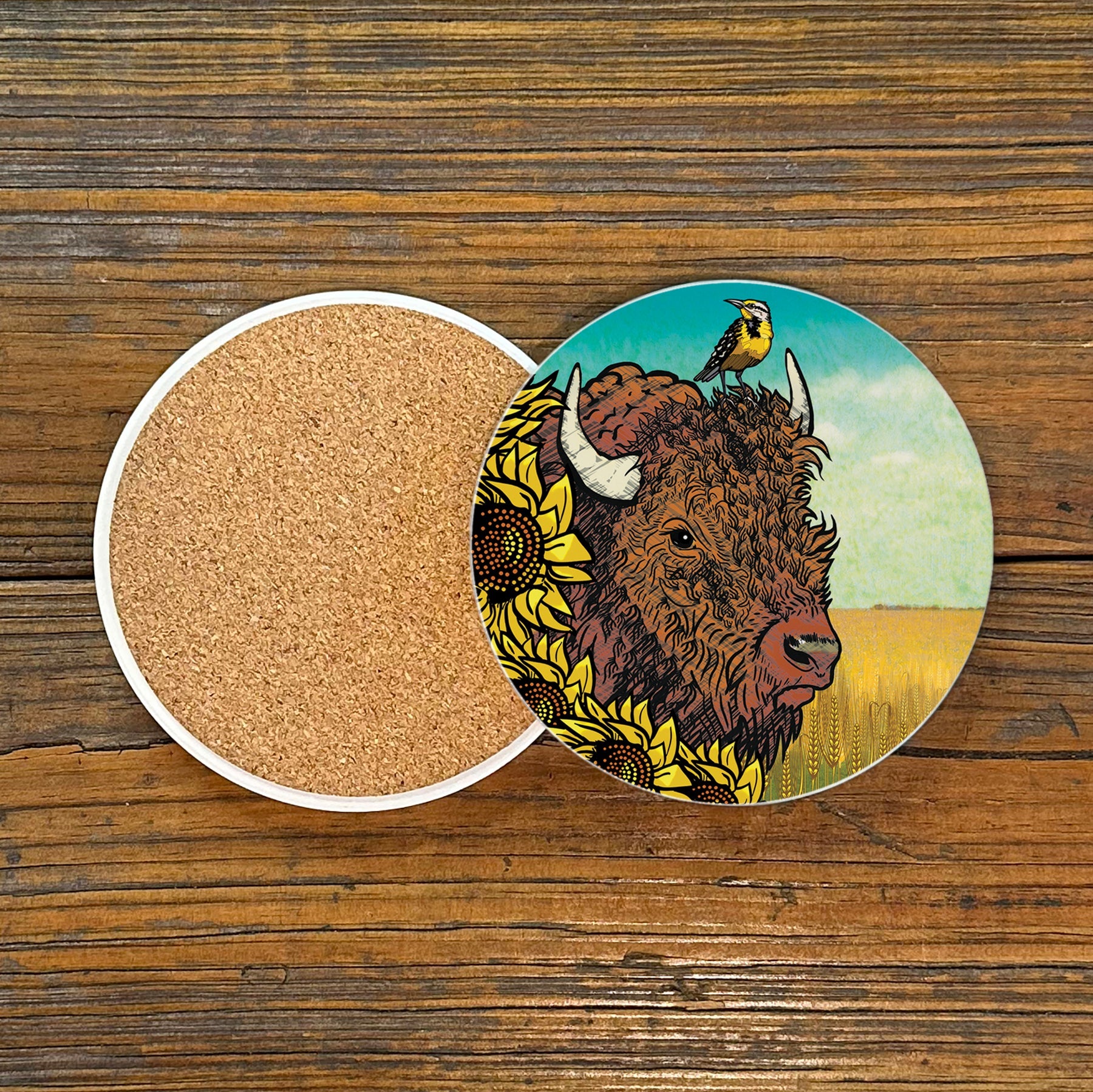 A stunning view of a unique coffee table coaster showcasing a buffalo adorned with sunflowers and a bird, ideal for protecting surfaces while enhancing your living space.