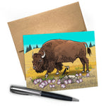 Buffalo Greeting Card featuring a bison in a colorful landscape, A2 size, blank inside, with a brown envelope.