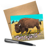 Buffalo Greeting Card featuring a bison in a colorful landscape, A2 size, blank inside, with a brown envelope.