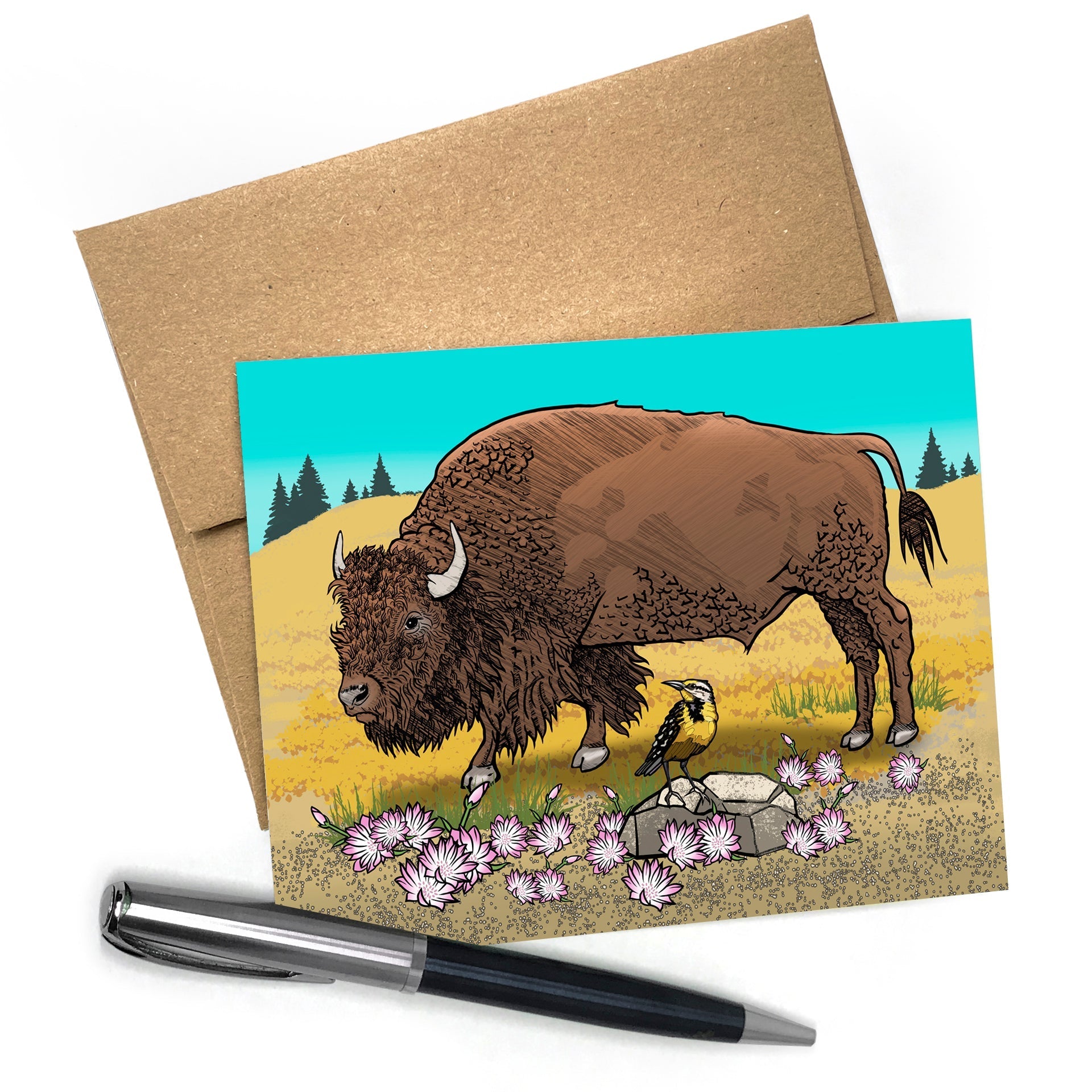 Buffalo Greeting Card featuring a bison in a colorful landscape, A2 size, blank inside, with a brown envelope.