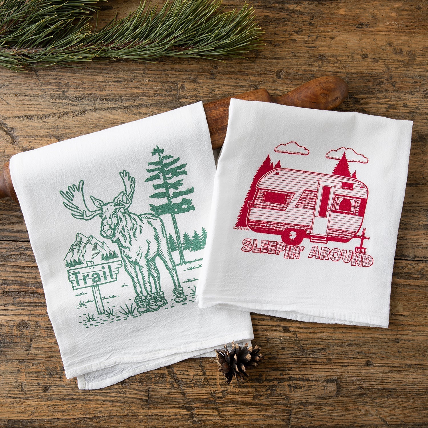 Camper Kitchen Towels Set - Moose In Boots & Vintage Trailer Designs, 100% Cotton, Made in USA - Tea Towels - Two Little Fruits - Two Little Fruits
