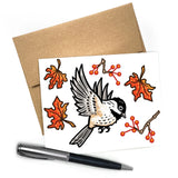 Chickadee illustrated greeting card by Two Little Fruits