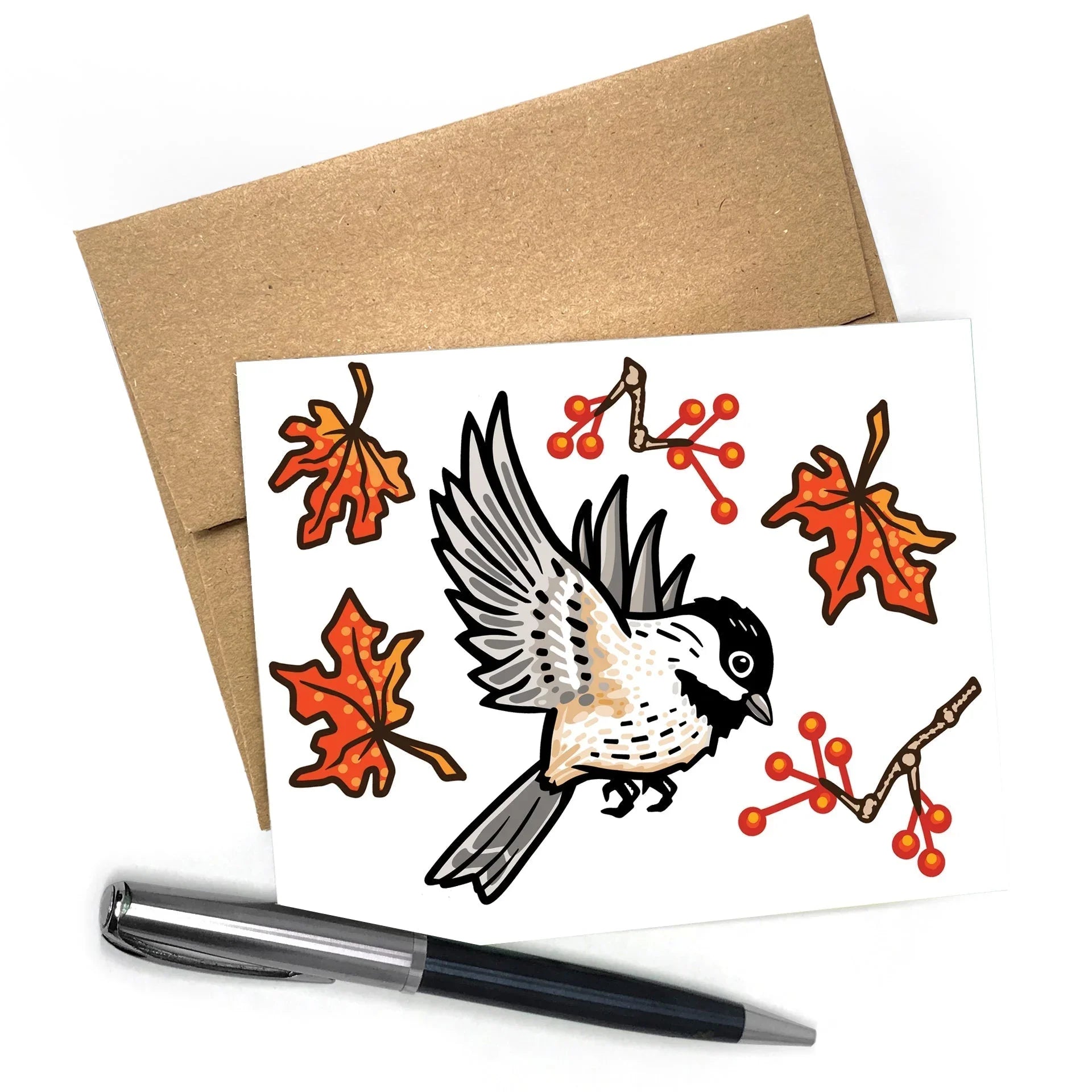 Chickadee illustrated greeting card by Two Little Fruits