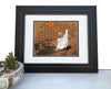 Framed chicken art print featuring a whimsical illustration of a chicken against a hexagonal background, showcasing vibrant colors and rustic charm, perfect for farm animal decor.