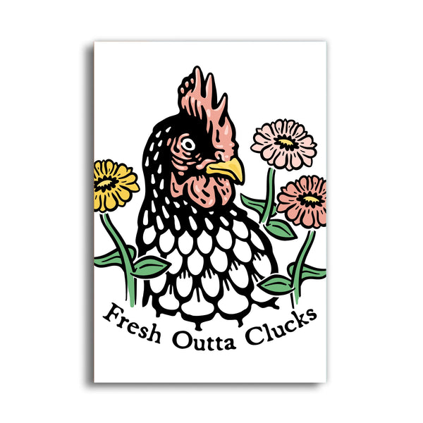 Cheerful Chicken Fridge Magnet titled 'Fresh Outta Clucks' featuring a colorful illustration of a chicken surrounded by flowers, perfect for adding charm to your refrigerator.