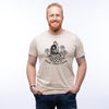 A smiling man wearing a beige funny chicken shirt, featuring the text 'Fresh Outta Clucks' and a playful chicken graphic. Perfect for casual wear or gifts for chicken lovers.