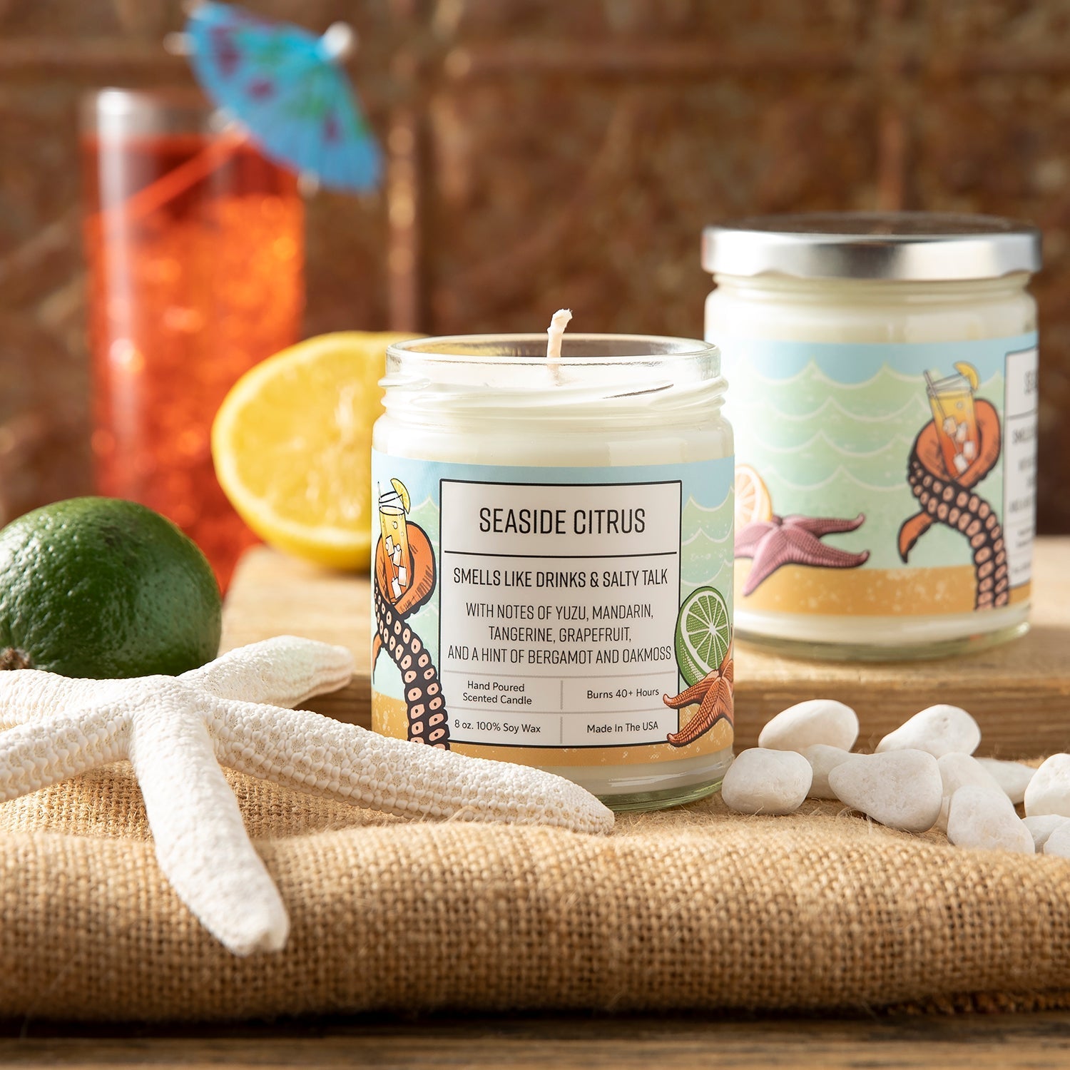 Citrus Scented Candles - Yuzu & Seaside Citrus Aroma | Hand - Poured 100% Soy Wax Candle - Soy Candles - Two Little Fruits - Two Little Fruits