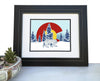 Framed Colorado Bear Art Print featuring a bear walking through snowy trees with a colorful Colorado landscape in the background. Perfect addition for nature lovers and an eye-catching colorado bear print.