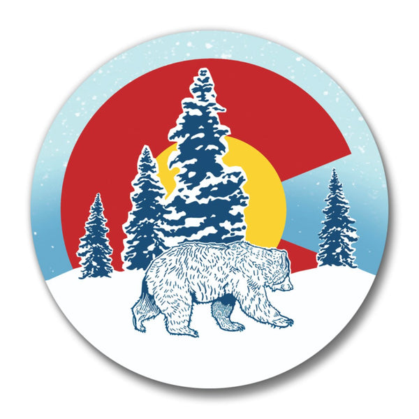 Close-up of the Colorado bear bottle opener, featuring a vibrant graphic of a bear and pine trees against a colorful background, emphasizing its artistic design.