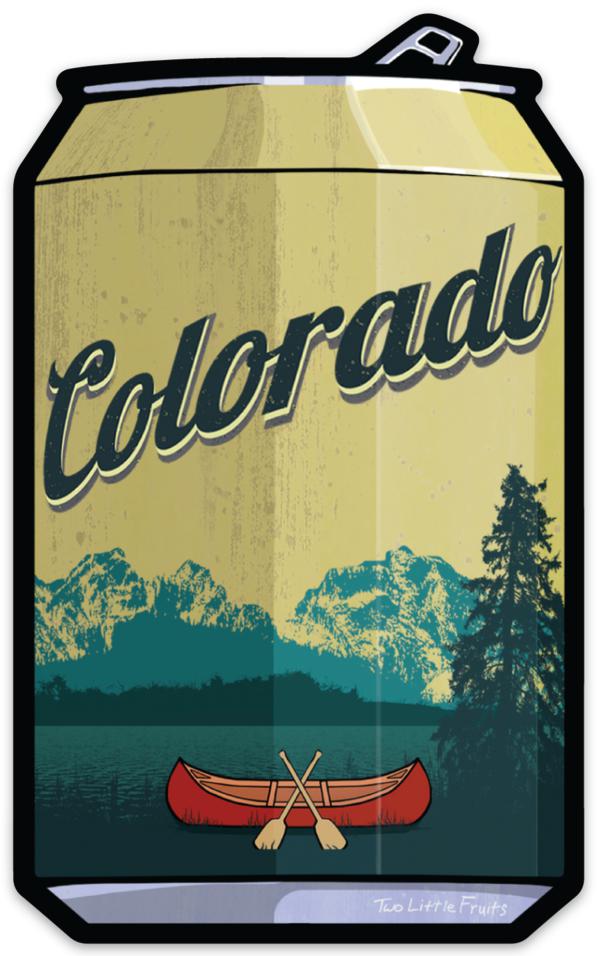 Colorado Beer Sticker - Durable Waterproof Vinyl Decal showcasing a scenic view of mountains and a red canoe, perfect for outdoor enthusiasts.