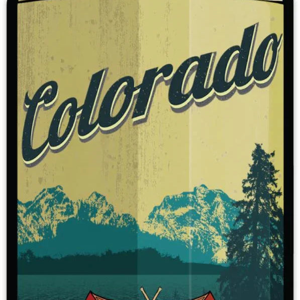 Colorado Beer Sticker - Durable Waterproof Vinyl Decal showcasing a scenic view of mountains and a red canoe, perfect for outdoor enthusiasts.