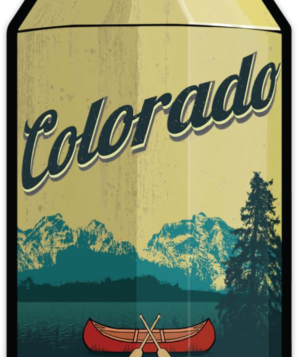 Colorado Beer Sticker - Durable Waterproof Vinyl Decal showcasing a scenic view of mountains and a red canoe, perfect for outdoor enthusiasts.
