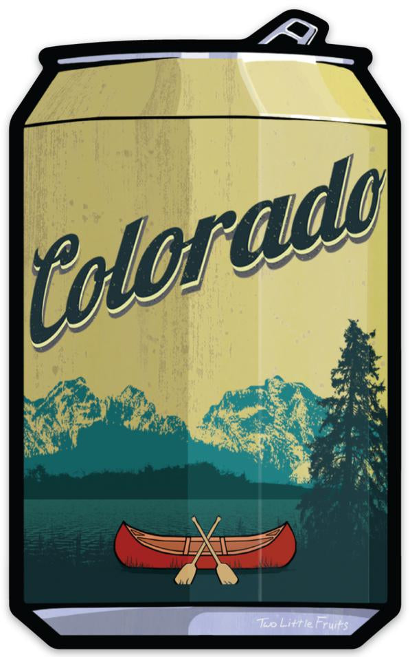 Colorado Beer Sticker - Durable Waterproof Vinyl Decal showcasing a scenic view of mountains and a red canoe, perfect for outdoor enthusiasts.