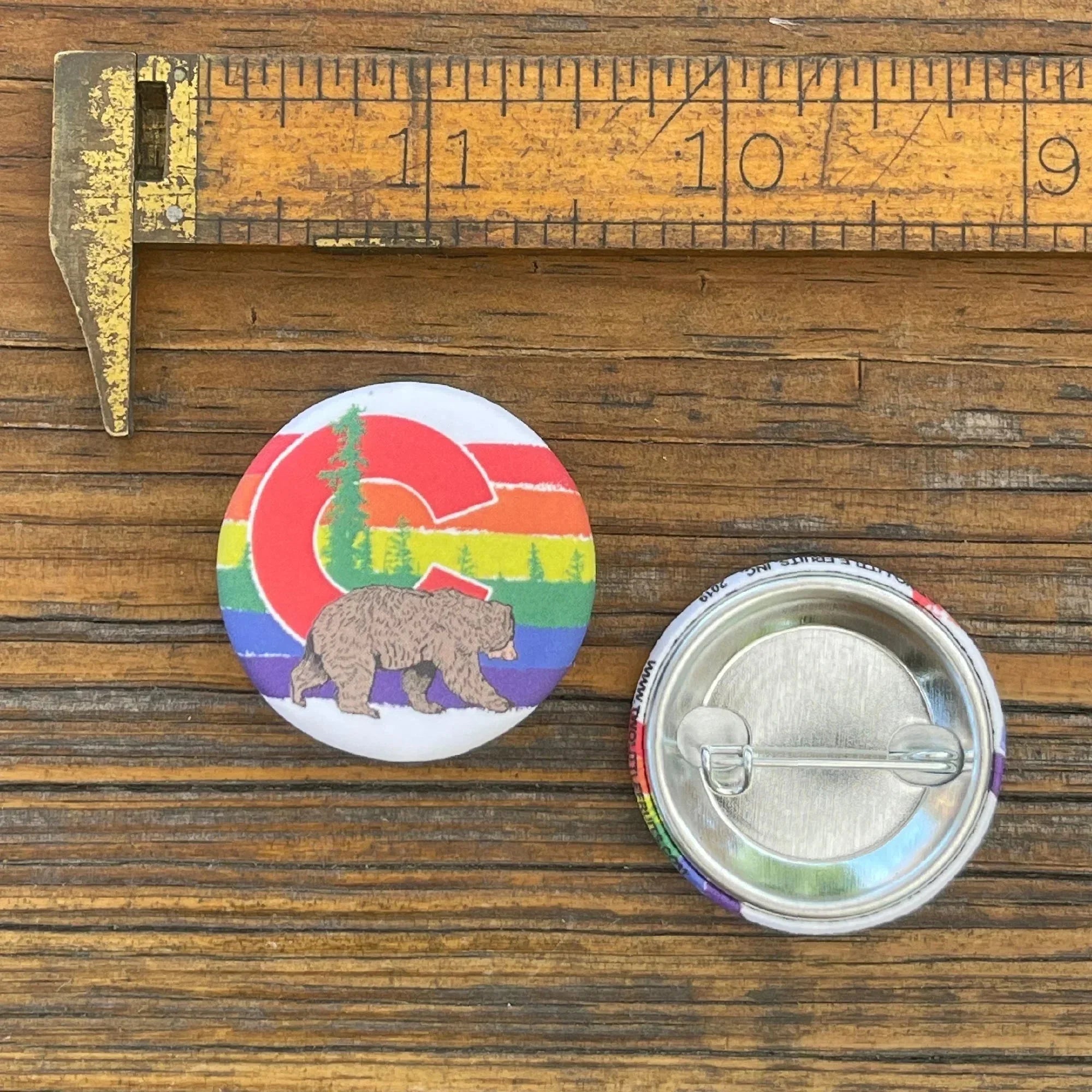 Colorado Gay Pride Bear illustrated button pin by Two Little Fruits