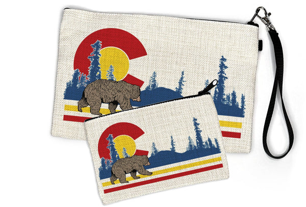 Charming Colorado Zipper Pouch duo, showcasing a cute bear illustration on both the large and small cosmetic travel pouch for stylish organization.