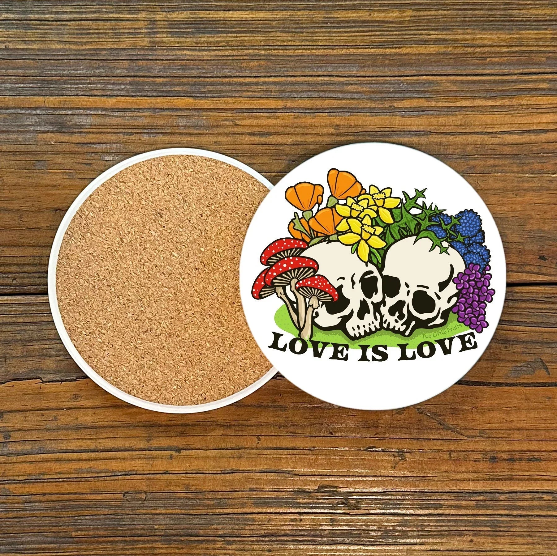 Colorful 4" Ceramic Gay Pride Drink Coaster with Cork Backing - Love Is Love Design