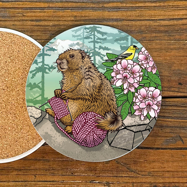 Colorful Coffee Table Coasters - Knitting Marmot Ceramic Drink Coasters, Set of 4, 4" Diameter - Coasters - Two Little Fruits - Two Little Fruits