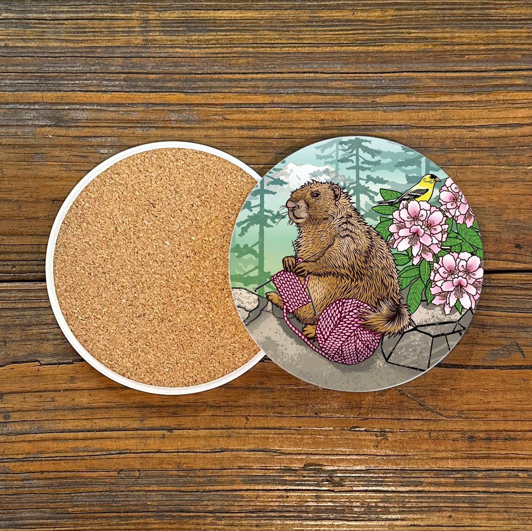 Colorful Coffee Table Coasters - Knitting Marmot Ceramic Drink Coasters, Set of 4, 4" Diameter - Coasters - Two Little Fruits - Two Little Fruits