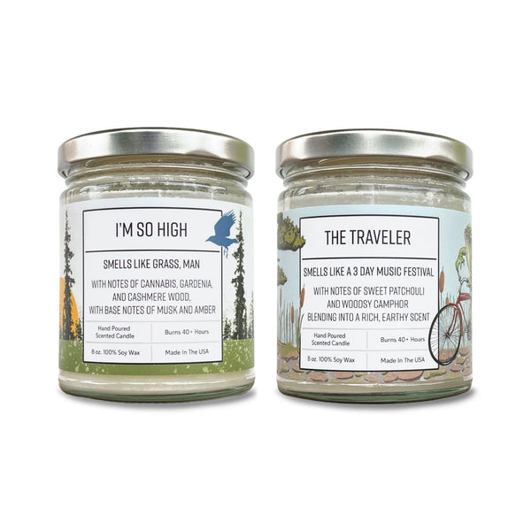 Image of the Earthy Aroma Candle Set featuring two candles: 'I’m So High' and 'The Traveler.' The candles are displayed in clear glass jars with colorful labels, showcasing earthy visuals.