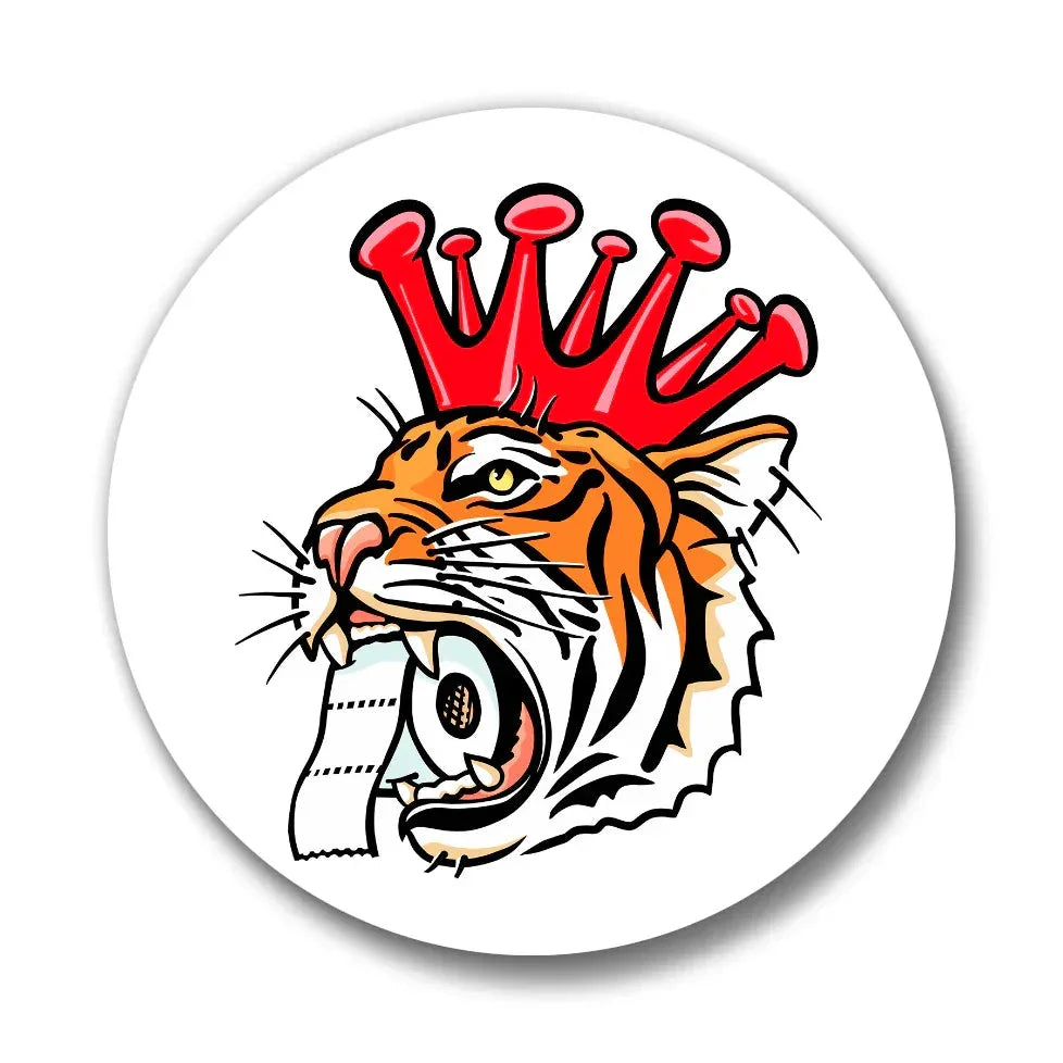 Close-up view of the Corona King Tiger Button Pin with a colorful tiger illustration wearing a crown, perfect for animal lovers.