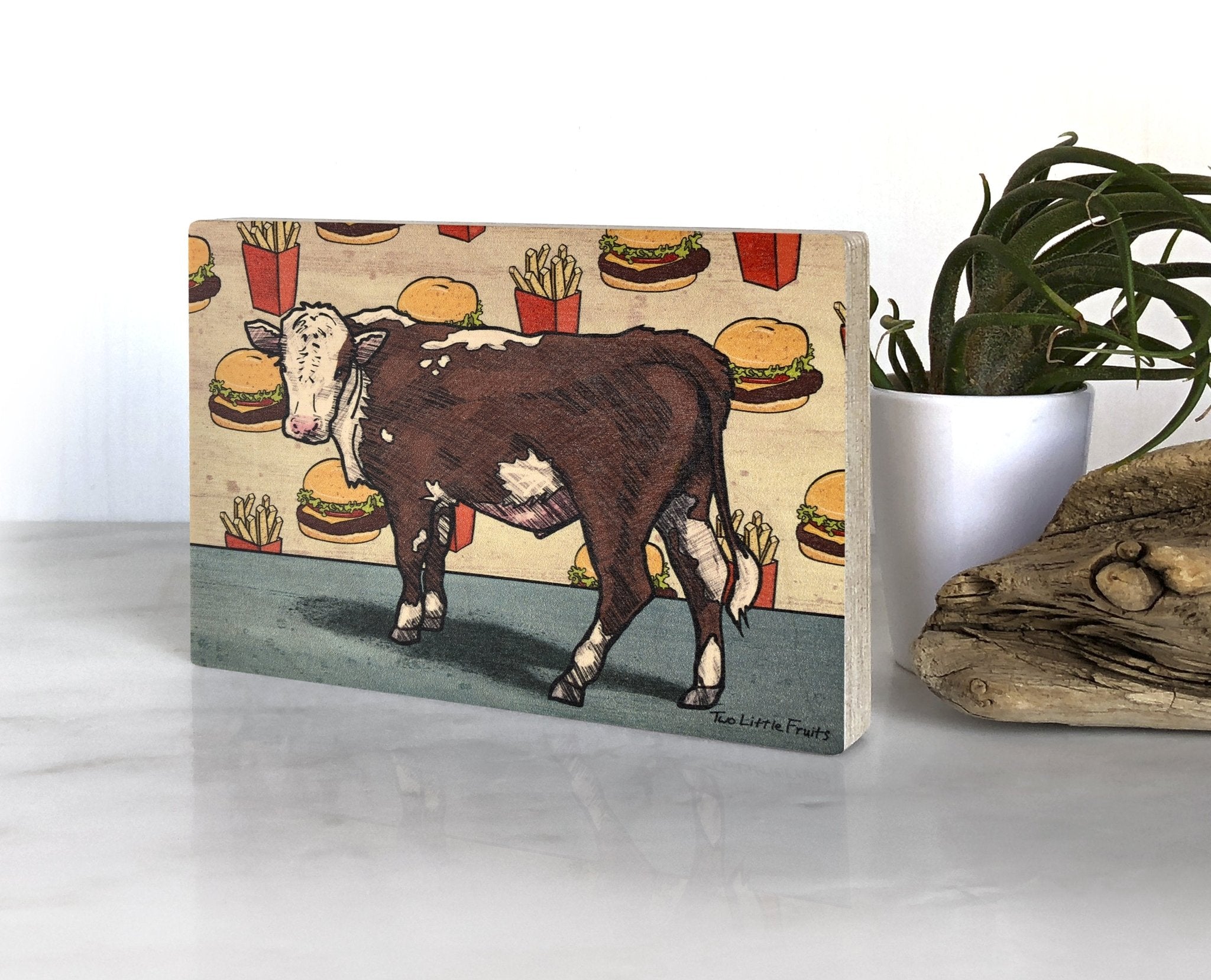 Cow and Cheeseburger 4x6 Wood Art Block - Two Little Fruits