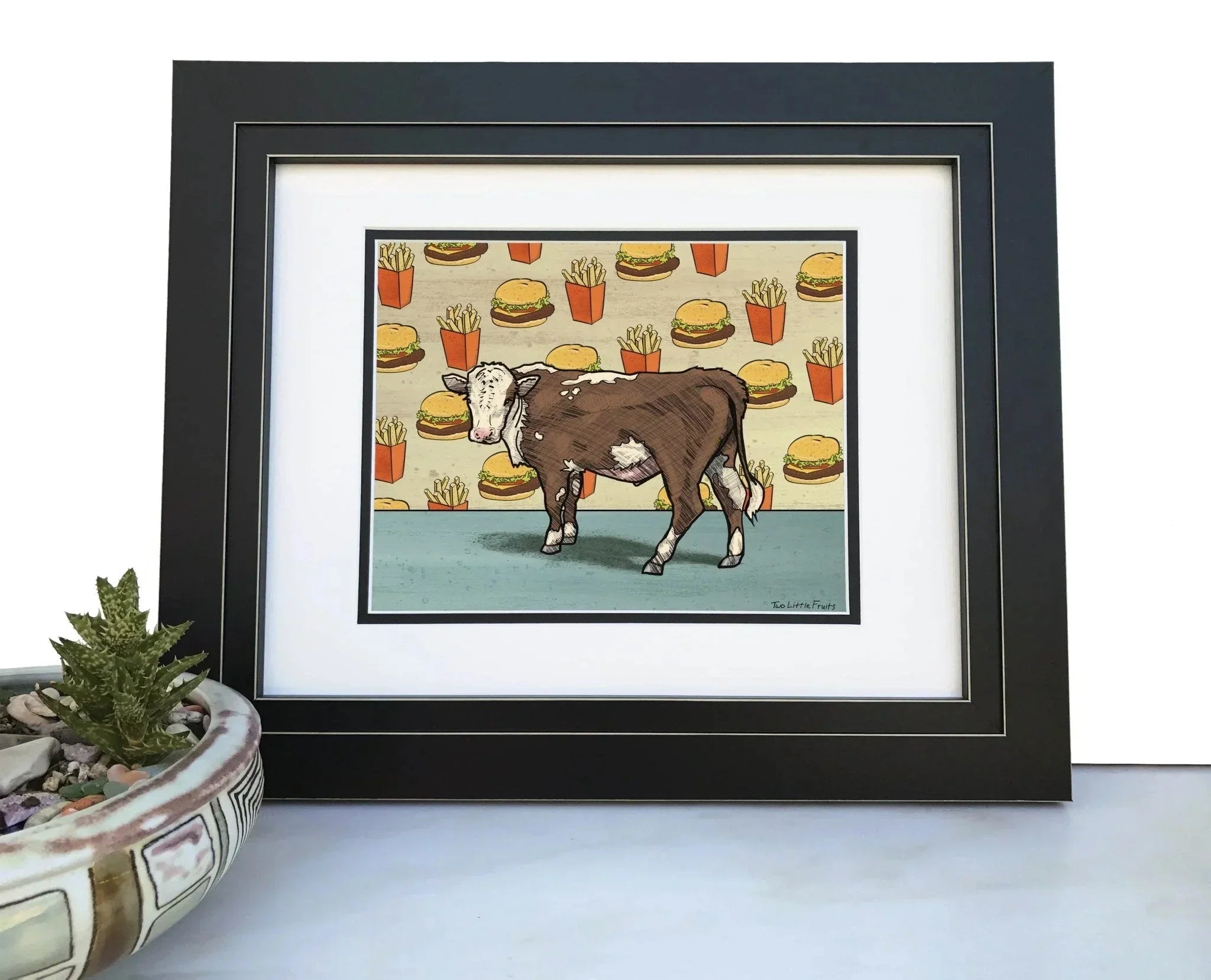 Cow Cheeseburger illustrated art print by Two Little Fruits