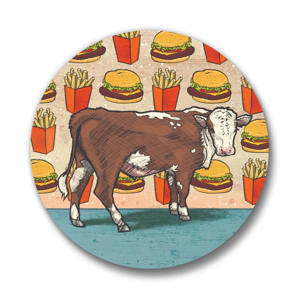 A vibrant cheeseburger pin featuring Angus the Cow standing against a playful backdrop of hamburgers and fries, perfect for adding a whimsical touch to any outfit.